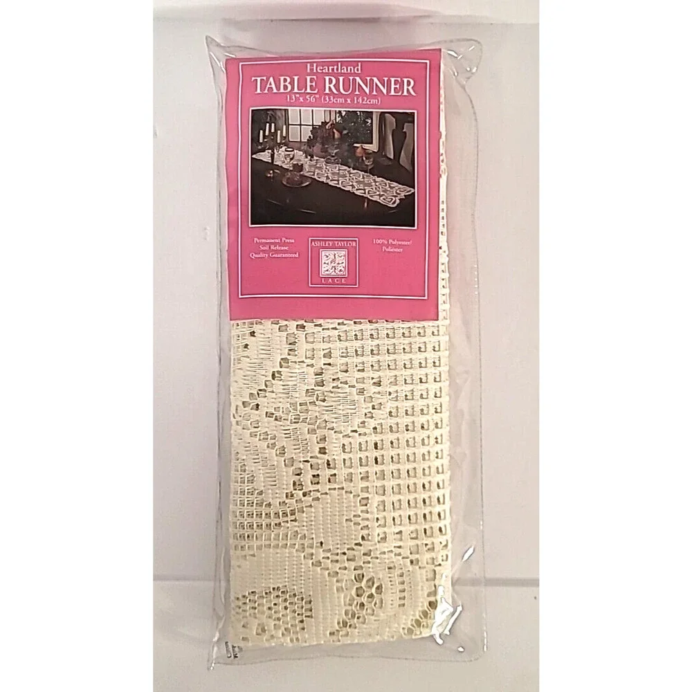 Vintage Ashley Taylor Heartland Beige Lace Table Runner Hearts 13”x56”